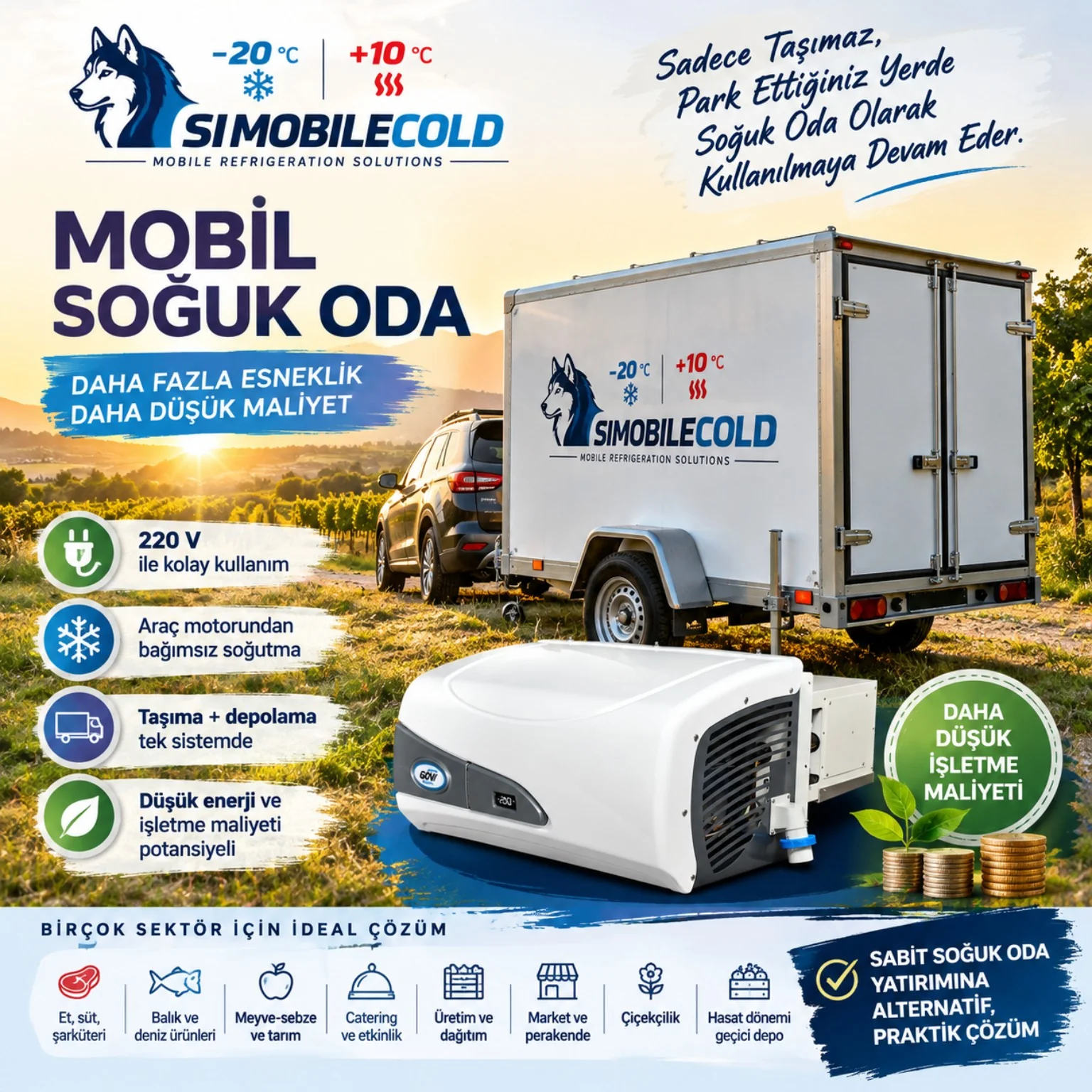 Simobilecold mobil soğuk oda, GOVI soğutma ünitesi ve kullanım avantajlarını gösteren tanıtım görseli